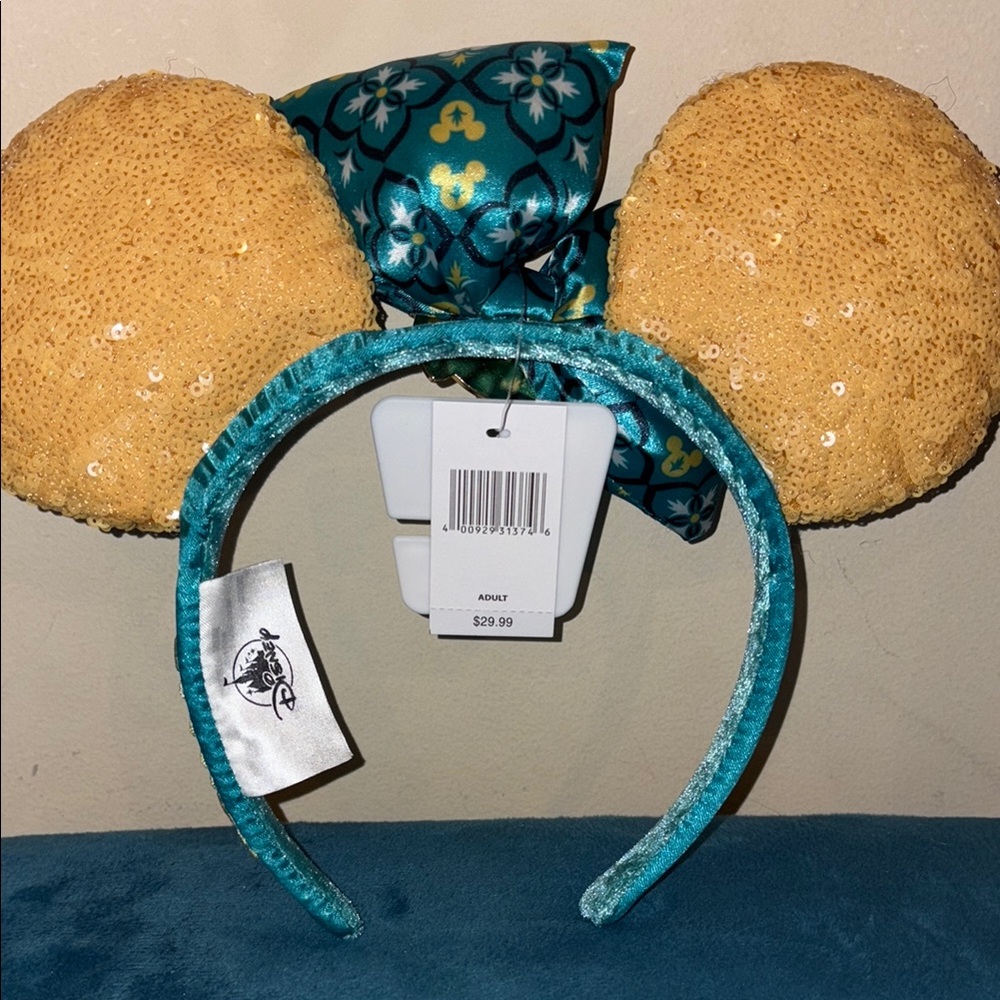 Disney  LemonGold Sequin and Teal Floral Ears Bow Headband - Picture 2 of 2
